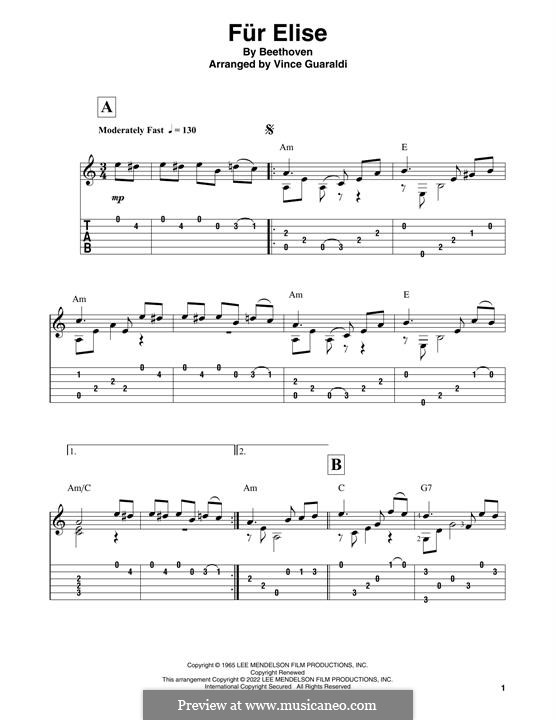 For Elise (Printable Scores), WoO 59: For guitar by Ludwig van Beethoven
