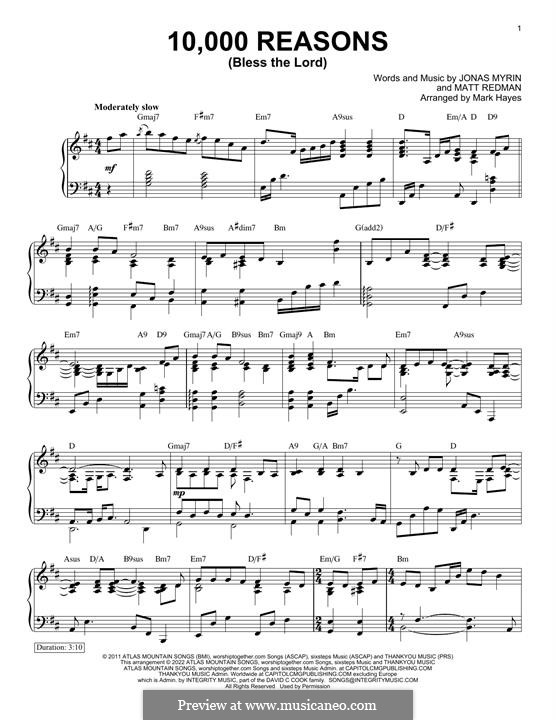 10,000 Reasons (Bless the Lord): For piano by Jonas Myrin, Matt Redman