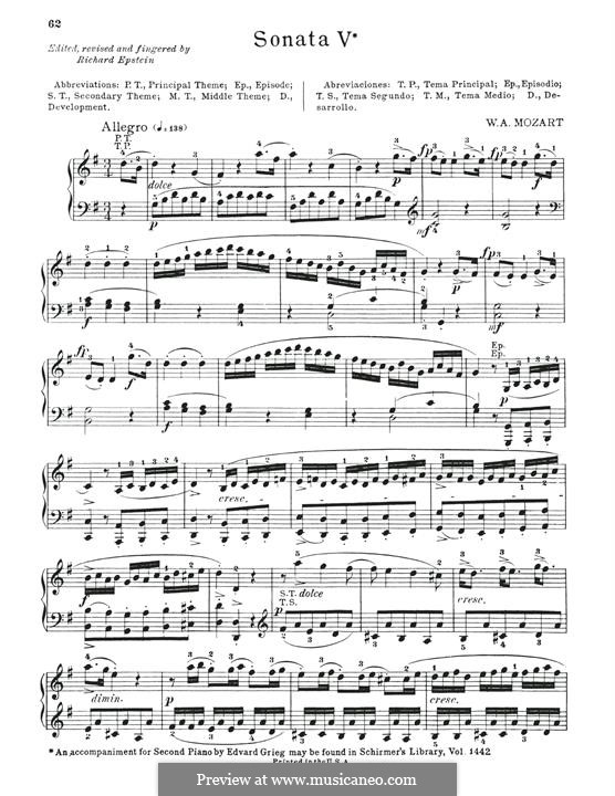 Sonata for Piano No.5 in G Major, K.283: For a single performer by Wolfgang Amadeus Mozart