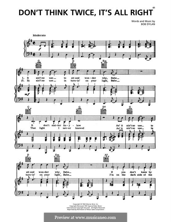 Think Twice sheet music for piano solo (chords, lyrics, melody) v2