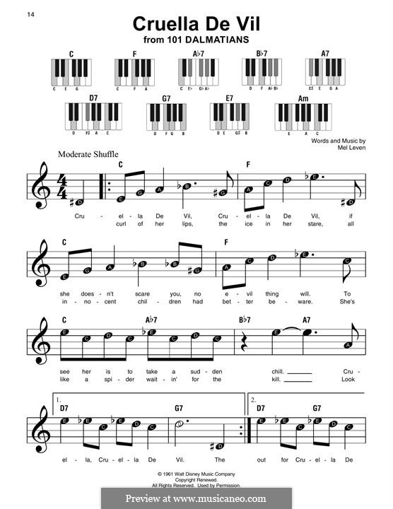 Cruella de Vil (from 101 Dalmatians): For easy piano by Mel Leven