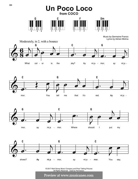 Un Poco Loco (from 'Coco'): For easy piano by Germaine Franco