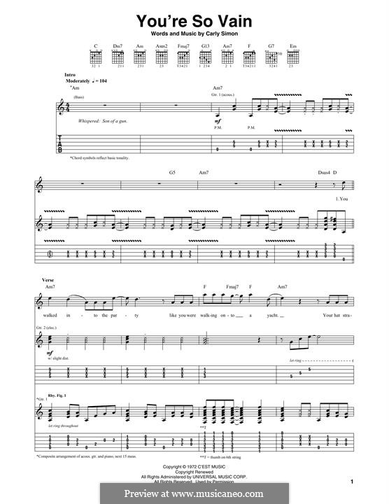 You're So Vain: For guitar by Carly Simon