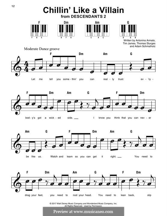 Chillin' Like a Villain (from Disney's Descendants 2): For easy piano by Adam Schmalholz, Antonina Armato, Thomas Armato Sturges, Timothy James