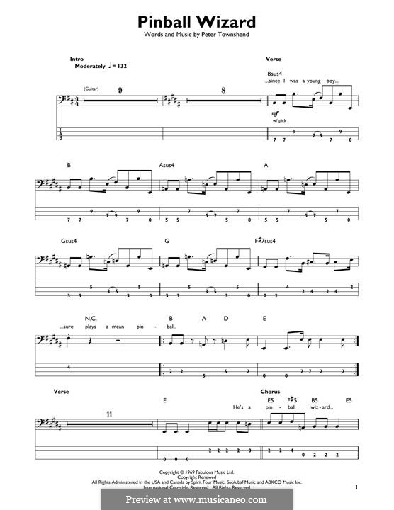 Pinball Wizard (The Who): For bass guitar with tab by Peter Townshend