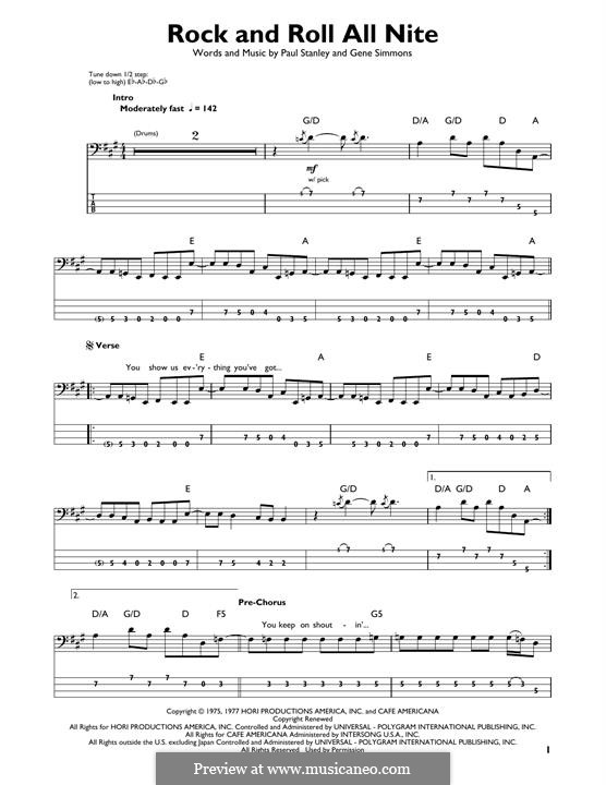 Rock and Roll All Nite (KISS): For bass guitar with tab by Gene Simmons, Paul Stanley