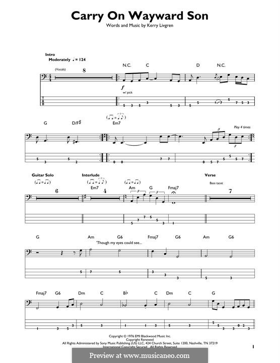 Carry on Wayward Son (Kansas): For bass guitar with tab by Kerry Livgren