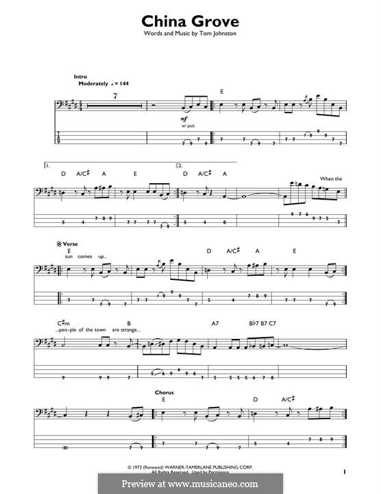 China Grove (The Doobie Brothers): For bass guitar with tab by Tom Johnston