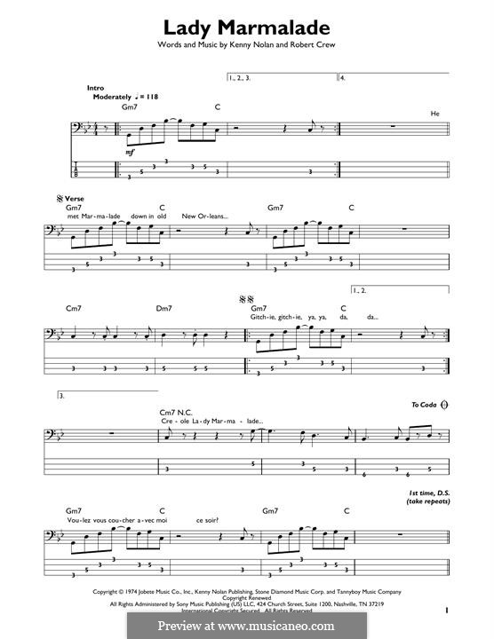 Lady Marmalade: For bass guitar with tab by Bob Crewe, Kenny Nolan