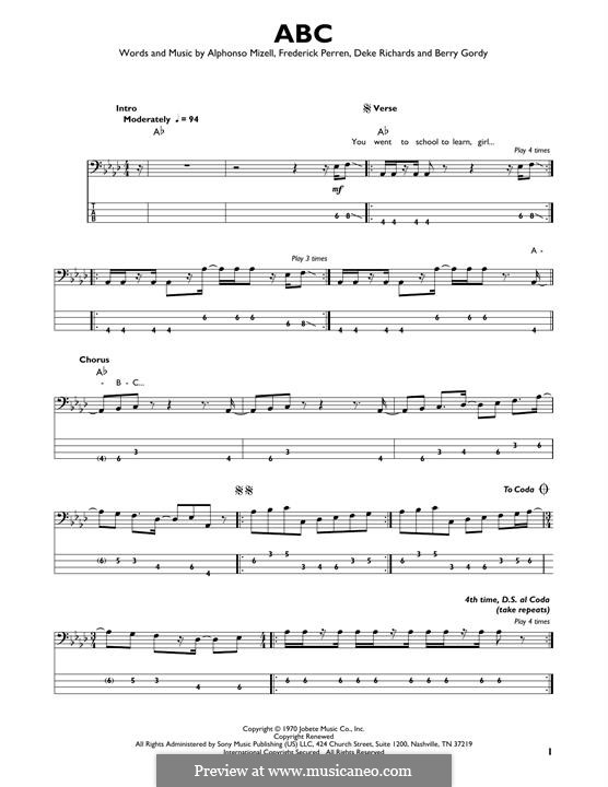 ABC (The Jackson 5): For bass guitar with tab by Alphonso Mizell, Berry Gordy, Deke Richards, Freddie Perren
