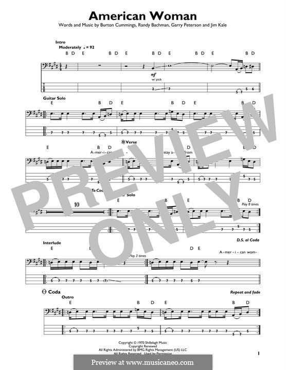 American Woman (Lenny Kravitz): For bass guitar with tab by Burton Cummings, Garry Peterson, Jim Kale, Randy Bachman