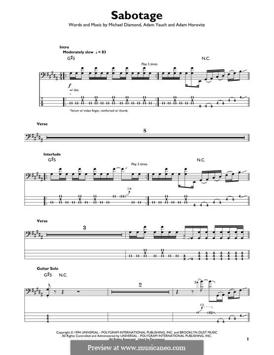 Sabotage (Beastie Boys): For bass guitar with tab by Adam Horovitz, Adam Yauch, Michael Diamond