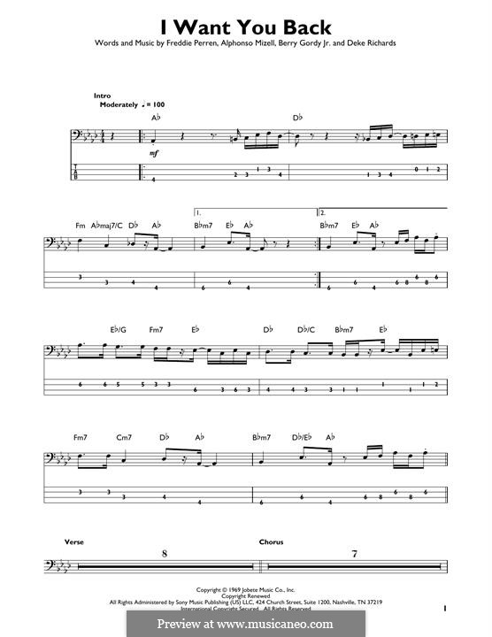 I Want You Back (The Jackson 5): For bass guitar with tab by Alphonso Mizell, Berry Gordy, Deke Richards, Freddie Perren