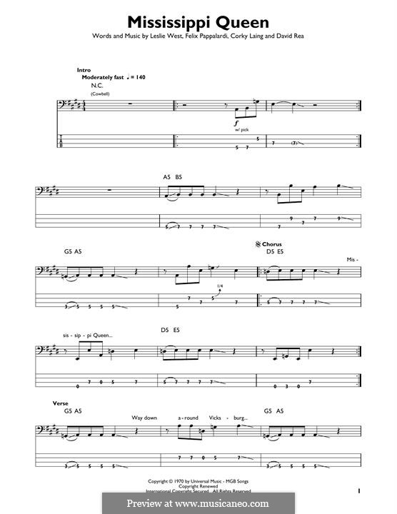 Mississippi Queen (Mountain): For bass guitar with tab by Corky Laing, David Rea, Felix Pappalardi, Leslie West