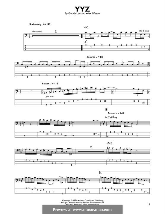 YYZ (Rush): For bass guitar with tab by Alex Lifeson, Geddy Lee