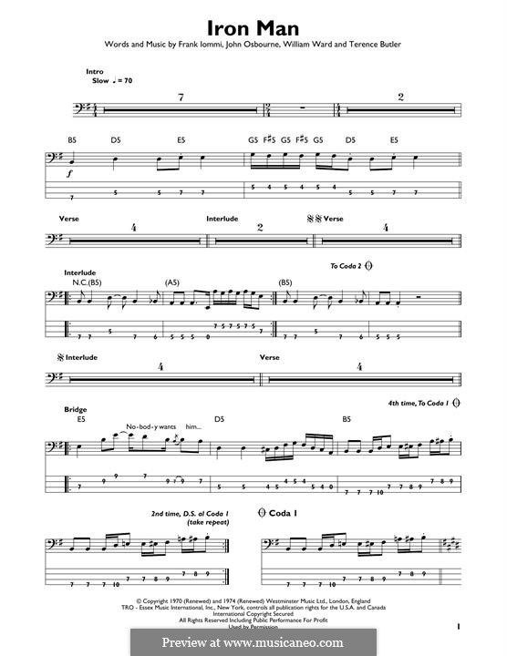 Iron Man (Black Sabbath): For bass guitar with tab by Geezer Butler, Ozzy Osbourne, Tony Iommi, Bill Ward