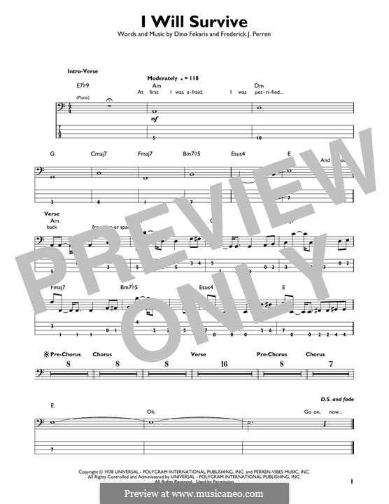 I Will Survive (Gloria Gaynor): For bass guitar with tab by Dino Fekaris, Freddie Perren