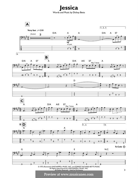 Jessica (The Allman Brothers Band): For bass guitar with tab by Dickey Betts