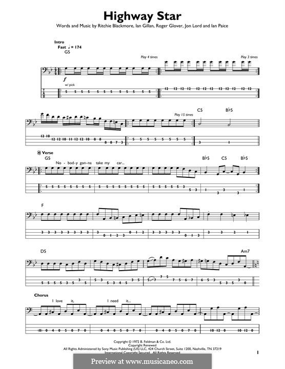 Highway Star (Deep Purple): For bass guitar with tab by Ian Gillan, Ian Paice, Jon Lord, Ritchie Blackmore, Roger Glover