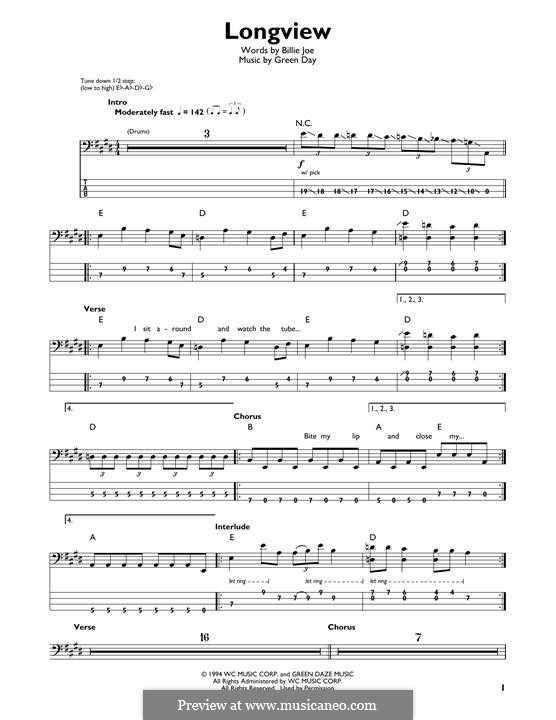 Longview (Green Day): For bass guitar with tab by Billie Joe Armstrong, Tré Cool, Michael Pritchard