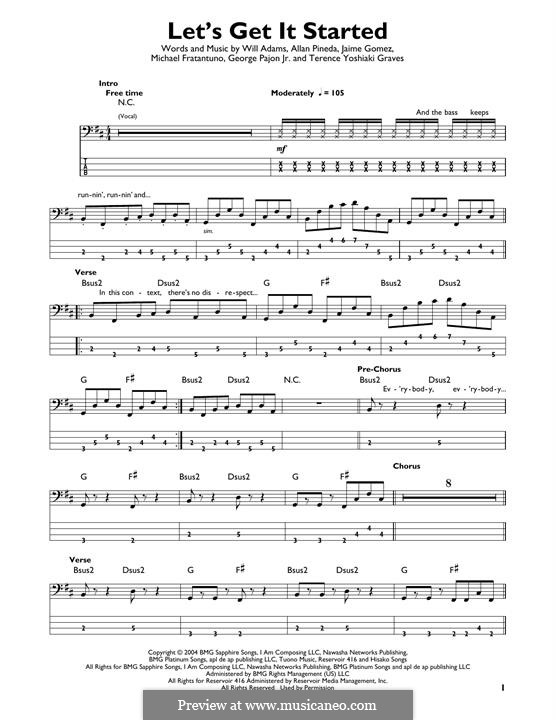 Let's Get It Started (The Black Eyed Peas): For bass guitar with tab by apl.de.ap, George Pajon Jr., Jaime Gomez, Michael Fratantuno, Terence Yoshiaki, will.i.am