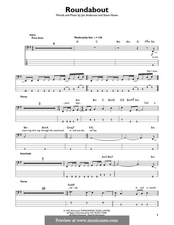 Roundabout (Yes): For bass guitar with tab by Jon Anderson, Steve Howe