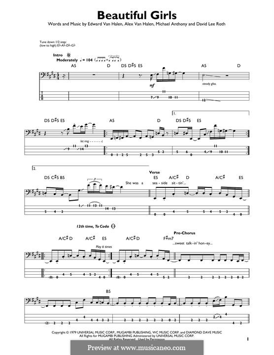 Beautiful Girls (Van Halen): For bass guitar with tab by Alex Van Halen, David Lee Roth, Edward Van Halen, Michael Anthony