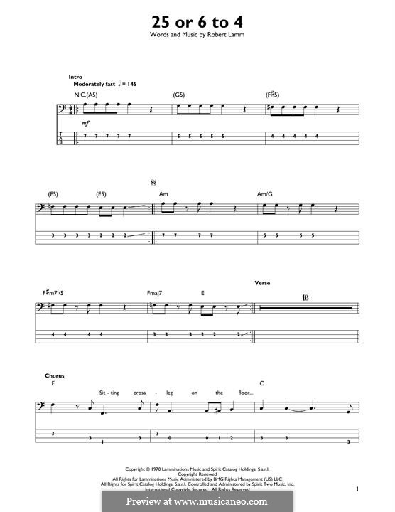 25 or 6 to 4 (Chicago): For bass guitar with tab by Robert Lamm