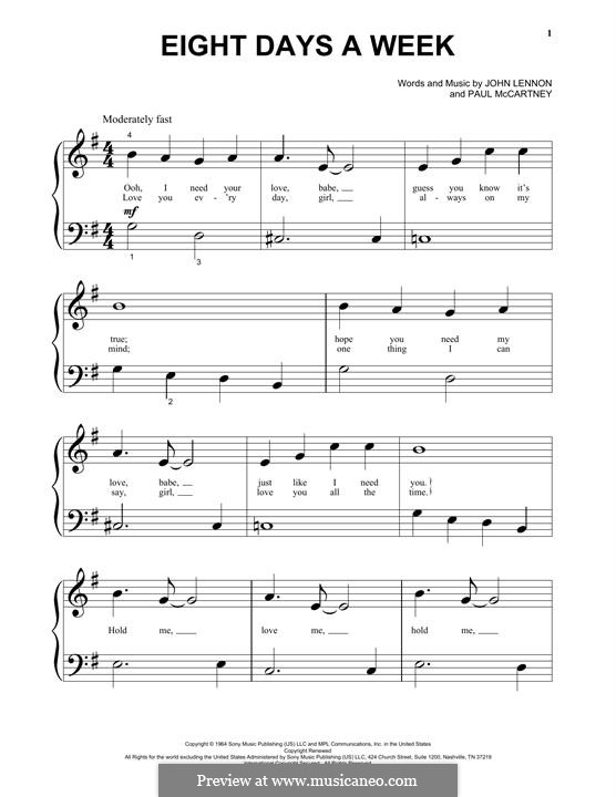 Eight Days a Week (The Beatles): For easy piano by John Lennon, Paul McCartney