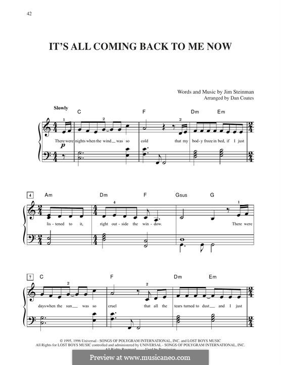 It's All Coming Back To Me Now (Celine Dion): For easy piano by Jim Steinman