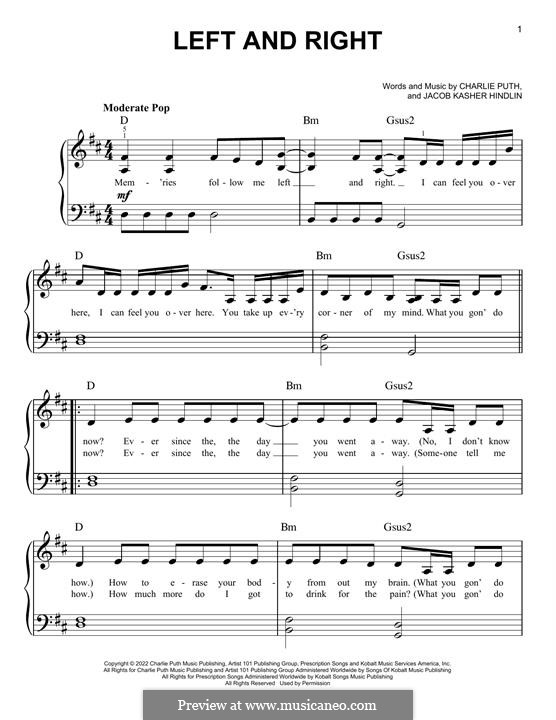 Left And Right (feat. Jung Kook of BTS): For easy piano by Jacob Kasher Hindlin