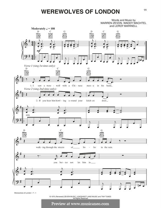 Werewolves Of London Sheet Music | Warren Zevon | Guitar Chords/Lyrics