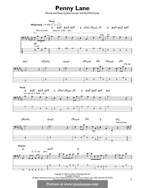 Penny Lane (The Beatles): For bass guitar with tab by John Lennon, Paul McCartney