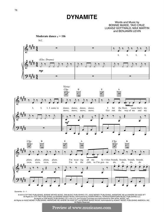 Dynamite (Taio Cruz): For voice and piano (or guitar) by Benjamin Levin, Bonnie McKee, Lukas Gottwald, Max Martin