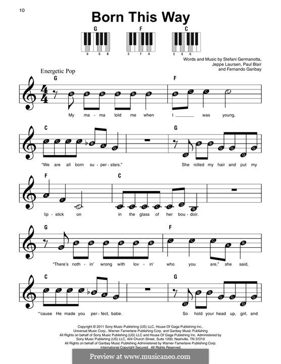 Born This Way (Lady Gaga): For easy piano by Fernando Garibay, Jeppe Laursen, Paul Blair, Stefani Germanotta