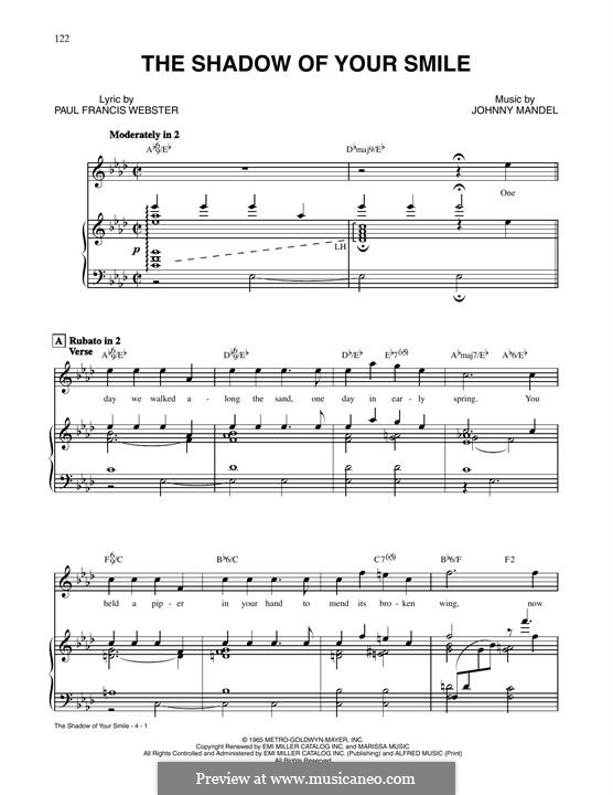 The Shadow of Your Smile (Tony Bennett): For voice and piano (or guitar) by Johnny Mandel