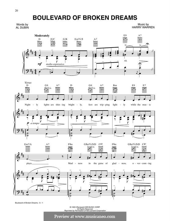 The Boulevard of Broken Dreams (Al Dubin): For voice and piano or guitar (Tony Bennett) by Harry Warren