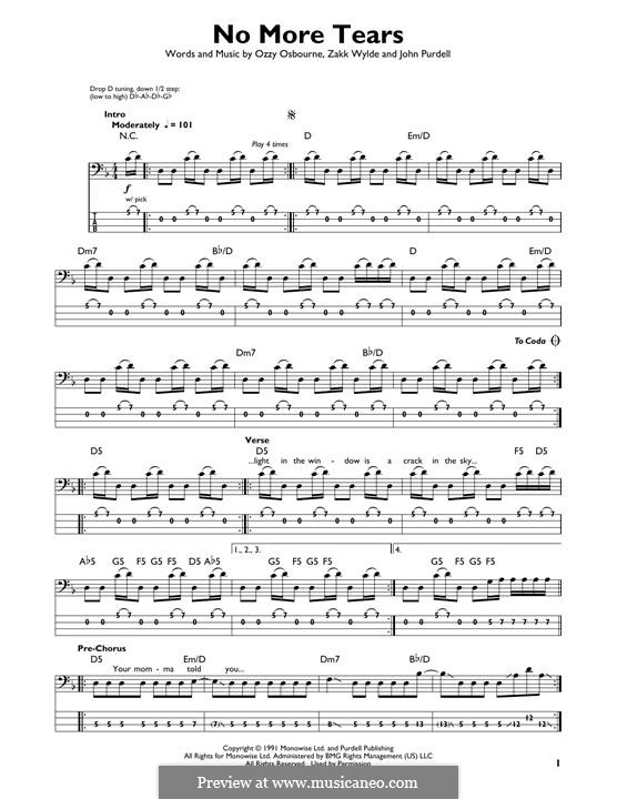 No More Tears (Ozzy Osbourne): For bass guitar with tab by John Purdell, Michael Inez, Randy Castillo, Zakk Wylde