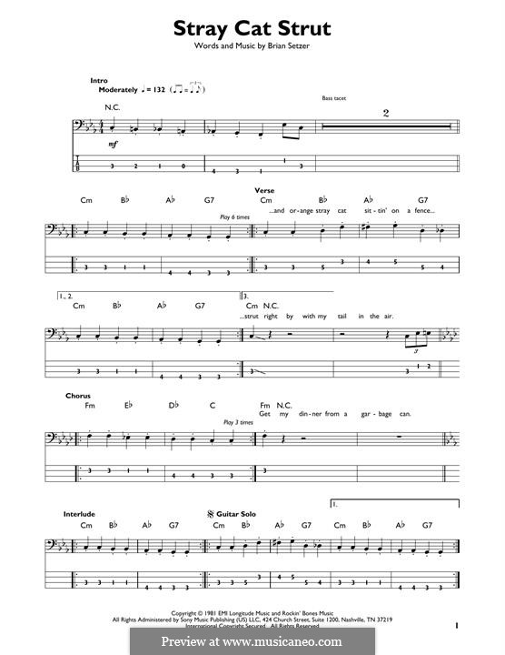 Stray Cat Strut (Stray Cats): For bass guitar with tab by Brian Setzer