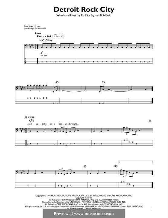 Detroit Rock City (KISS): For bass guitar with tab by Bob Ezrin, Paul Stanley