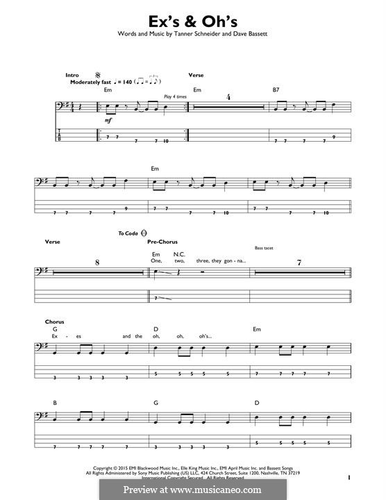 Ex's & Oh's (Elle King): For bass guitar with tab by Dave Bassett, Tanner Schneider