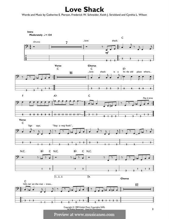 Love Shack (The B-52's): For bass guitar with tab by Cynthia L. Wilson, Frederick W. Schneider, Kate Pierson, Keith J. Strickland