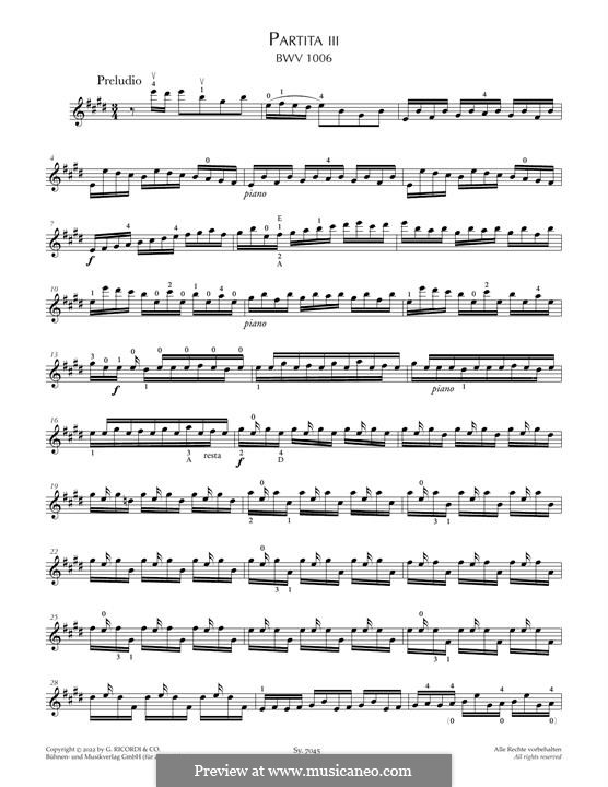 Partita for Violin No.3 in E Major, BWV 1006: For a single performer by Johann Sebastian Bach