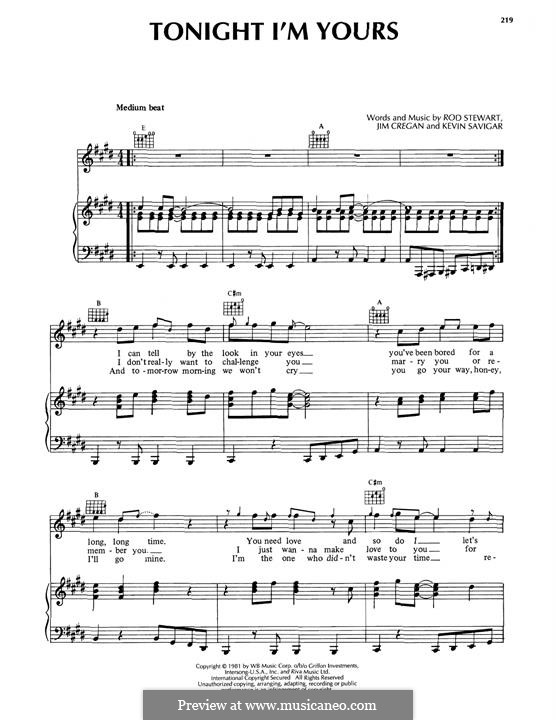 Tonight I'm Yours (Don't Hurt Me): For voice and piano (or guitar) by Jim Cregan, Kevin Savigar