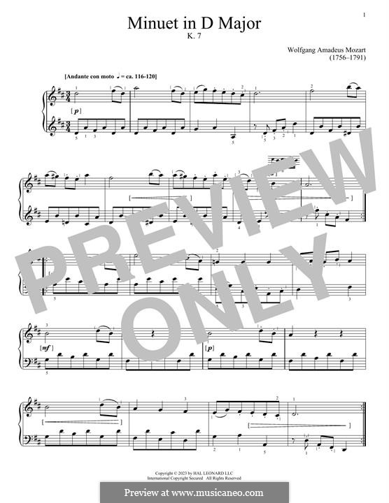 Minuet in D Major, K.7 by W.A. Mozart sheet music on MusicaNeo