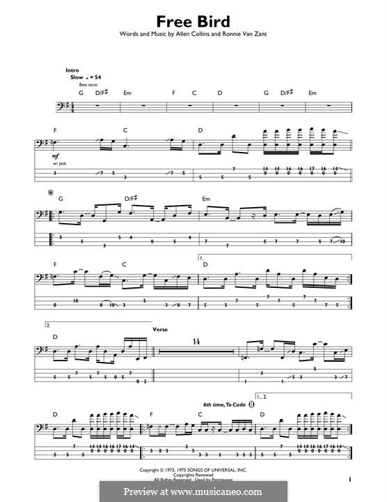 Free Bird (Lynyrd Skynyrd): For bass guitar with tab by Allen Collins, Ronnie Van Zant