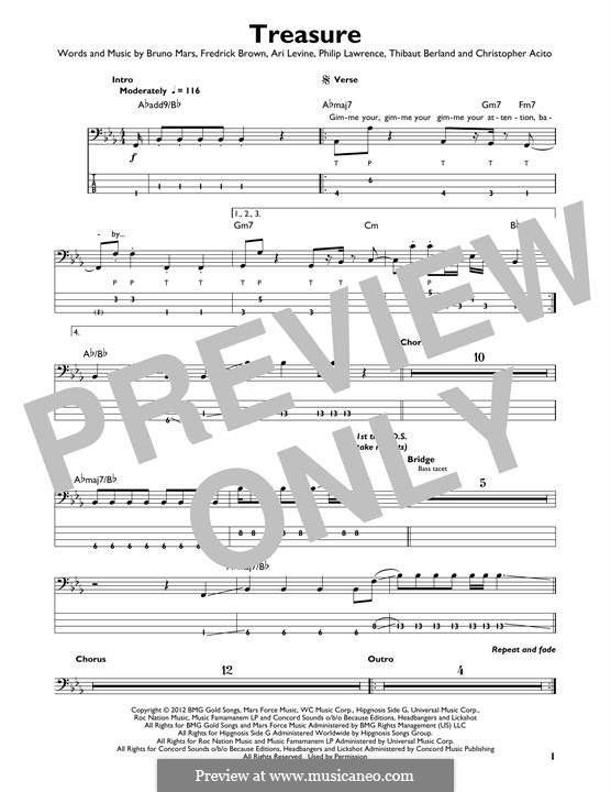 Treasure: For bass guitar with tab by Ari Levine, Bruno Mars, Philip Lawrence