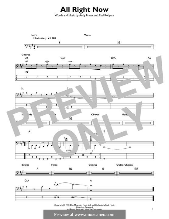 All Right Now (Free): For bass guitar with tab by Andy Fraser, Paul Rodgers