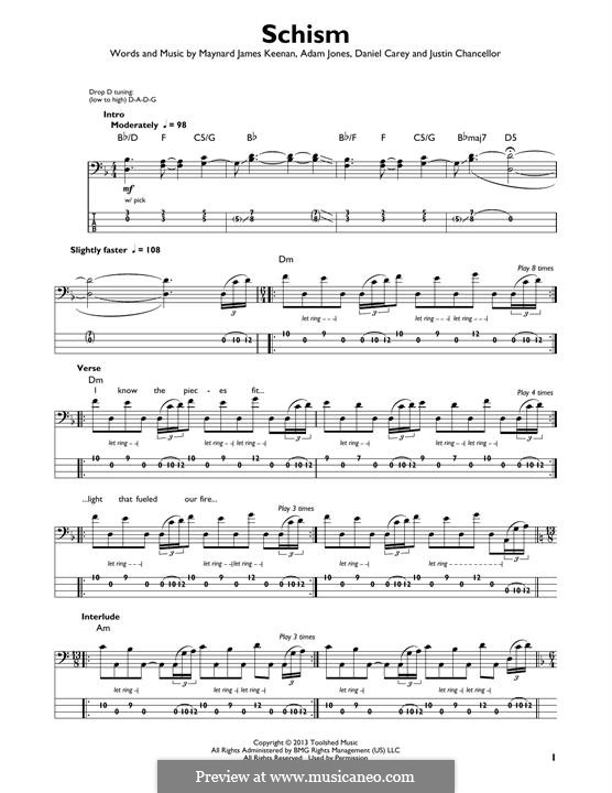 Schism (Tool): For bass guitar with tab by Adam Jones, Daniel Carey, Justin Chancellor, Maynard James Keenan