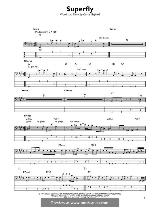 Superfly: For bass guitar with tab by Curtis Mayfield